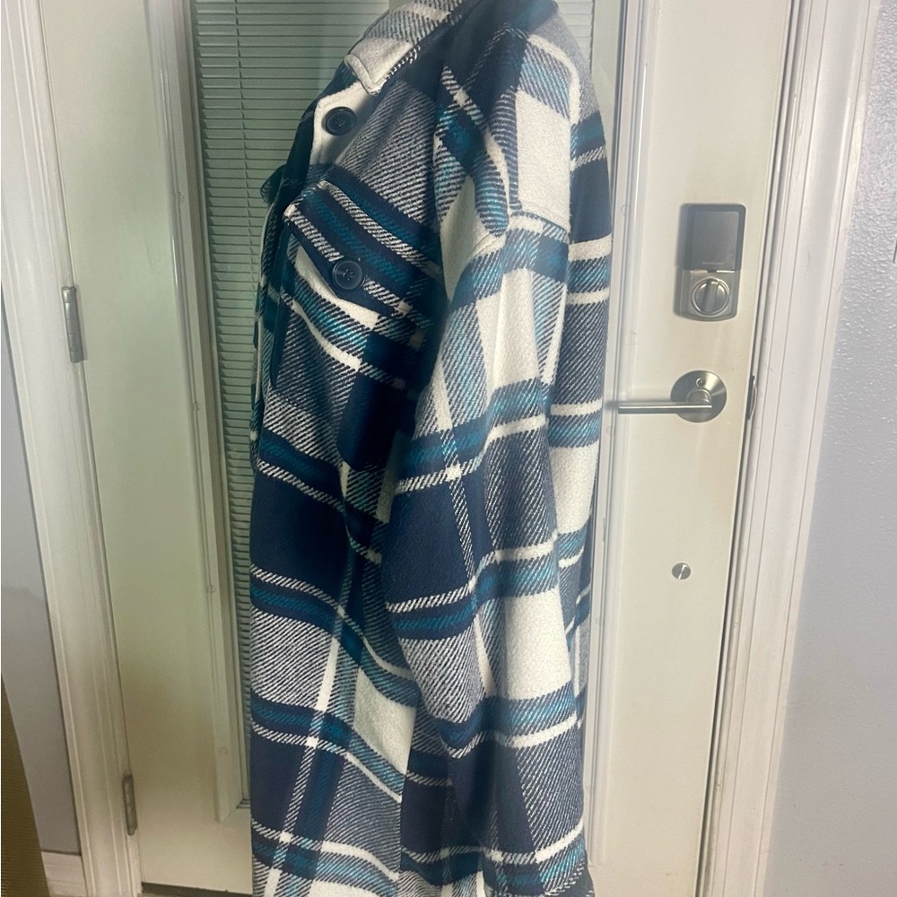 Size L Vigoss Oversized Plaid Flannel Shacket Shirt Jacket Turquoise Black White - Picture 4 of 10